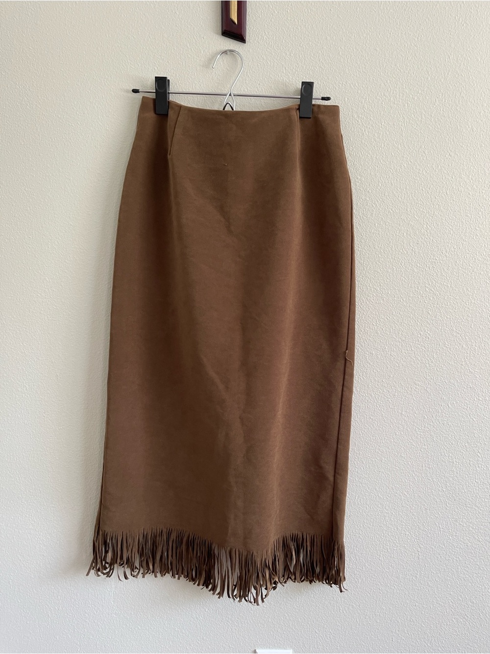 Clio Brown Olive Midi Skirt with Fringe Hem